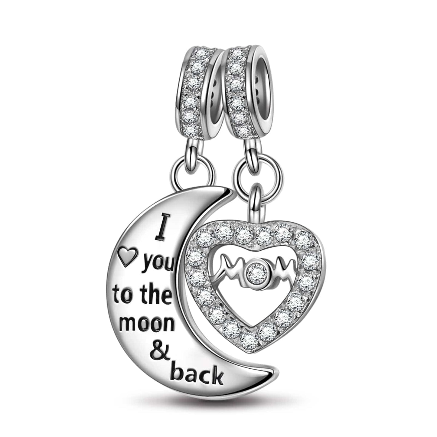 Sterling Silver Moon & Love To Mom Dangle Charms In White Gold Plated