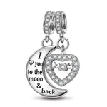 Sterling Silver Moon & Love To Mom Dangle Charms In White Gold Plated