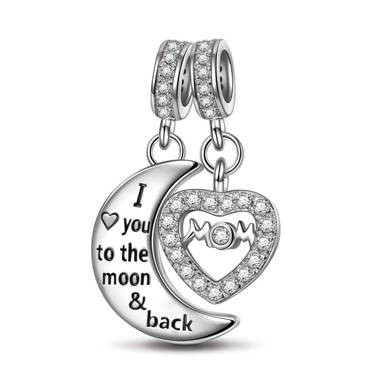 gona- Sterling Silver Moon & Love To Mom Dangle Charms In White Gold Plated