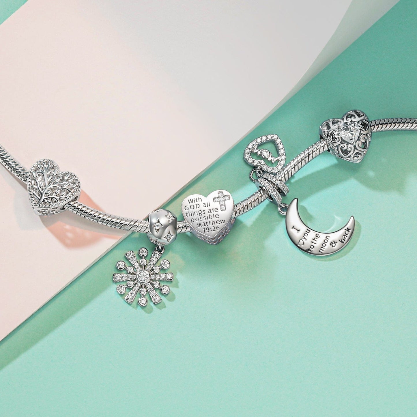Sterling Silver Moon & Love To Mom Dangle Charms In White Gold Plated