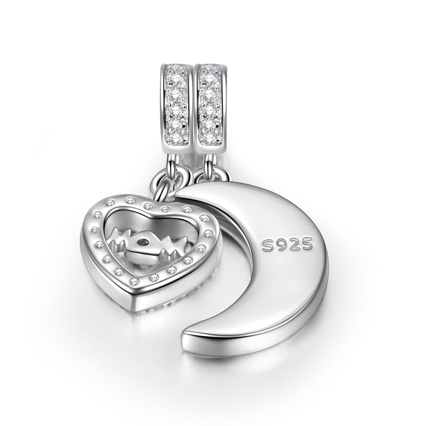 Sterling Silver Moon & Love To Mom Dangle Charms In White Gold Plated