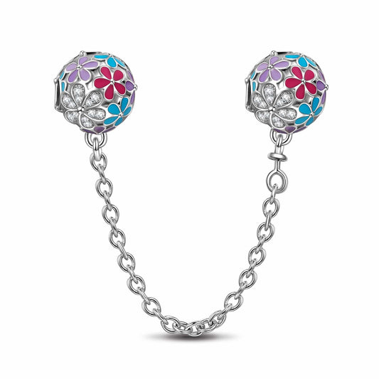 gona- Sterling Silver Blossom Safety Chain Charms With Enamel In White Gold Plated