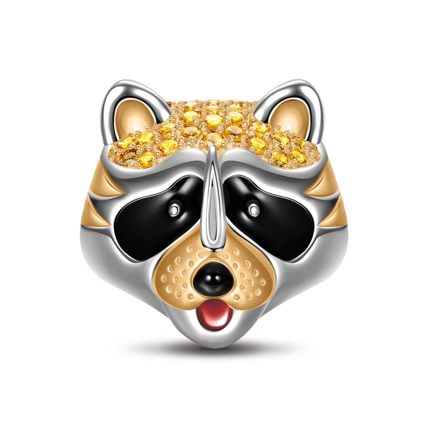 Sterling Silver Clever Raccoon Charms With Enamel In White Gold Plated