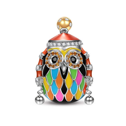 gona- Sterling Silver Ski Owl Charms With Enamel In White Gold Plated