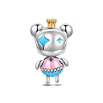 Sterling Silver PrIncess Bear Dangle Charms With Enamel In White Gold Plated
