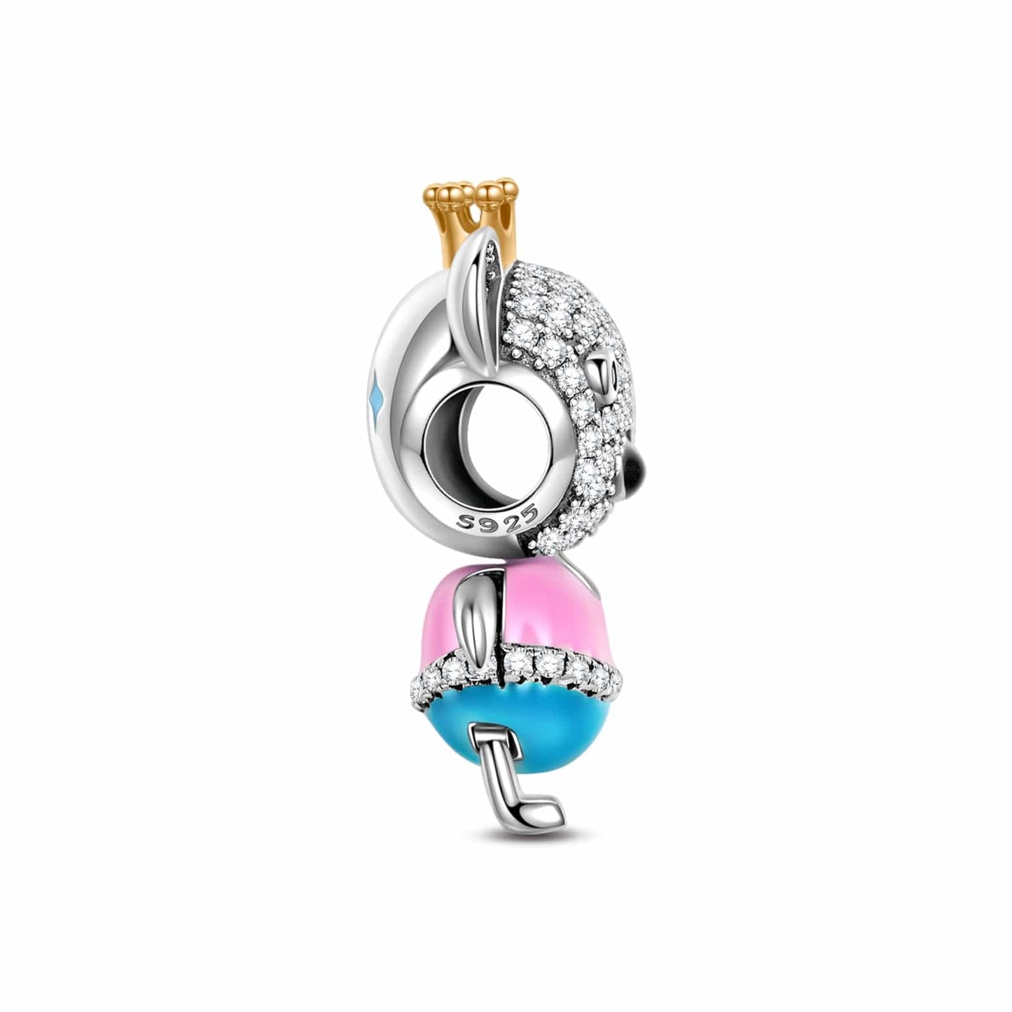 Sterling Silver PrIncess Bear Dangle Charms With Enamel In White Gold Plated
