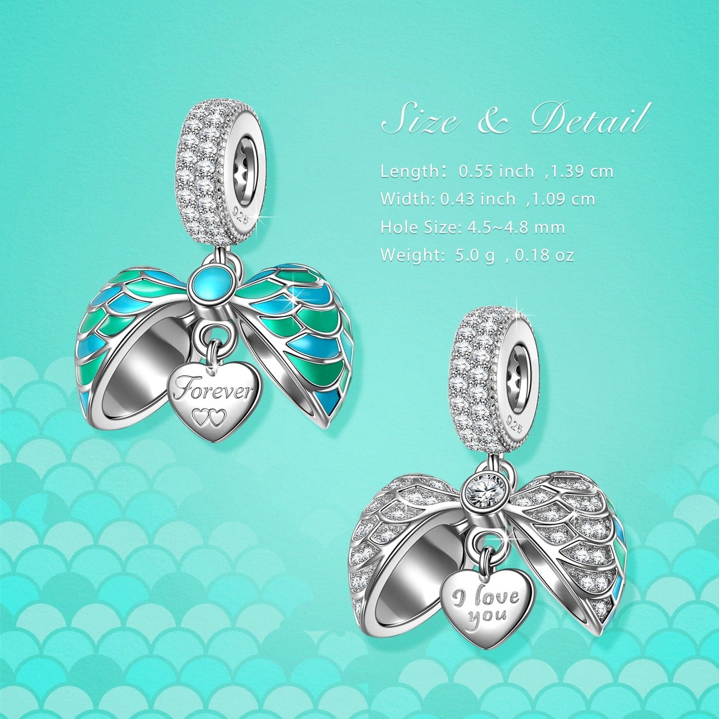 Sterling Silver Blue Surprising Love Dangle Charms With Enamel In White Gold Plated