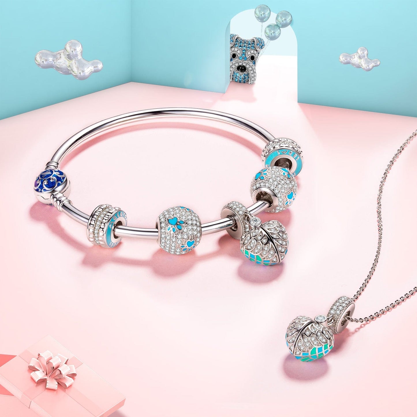 Sterling Silver Blue Surprising Love Dangle Charms With Enamel In White Gold Plated