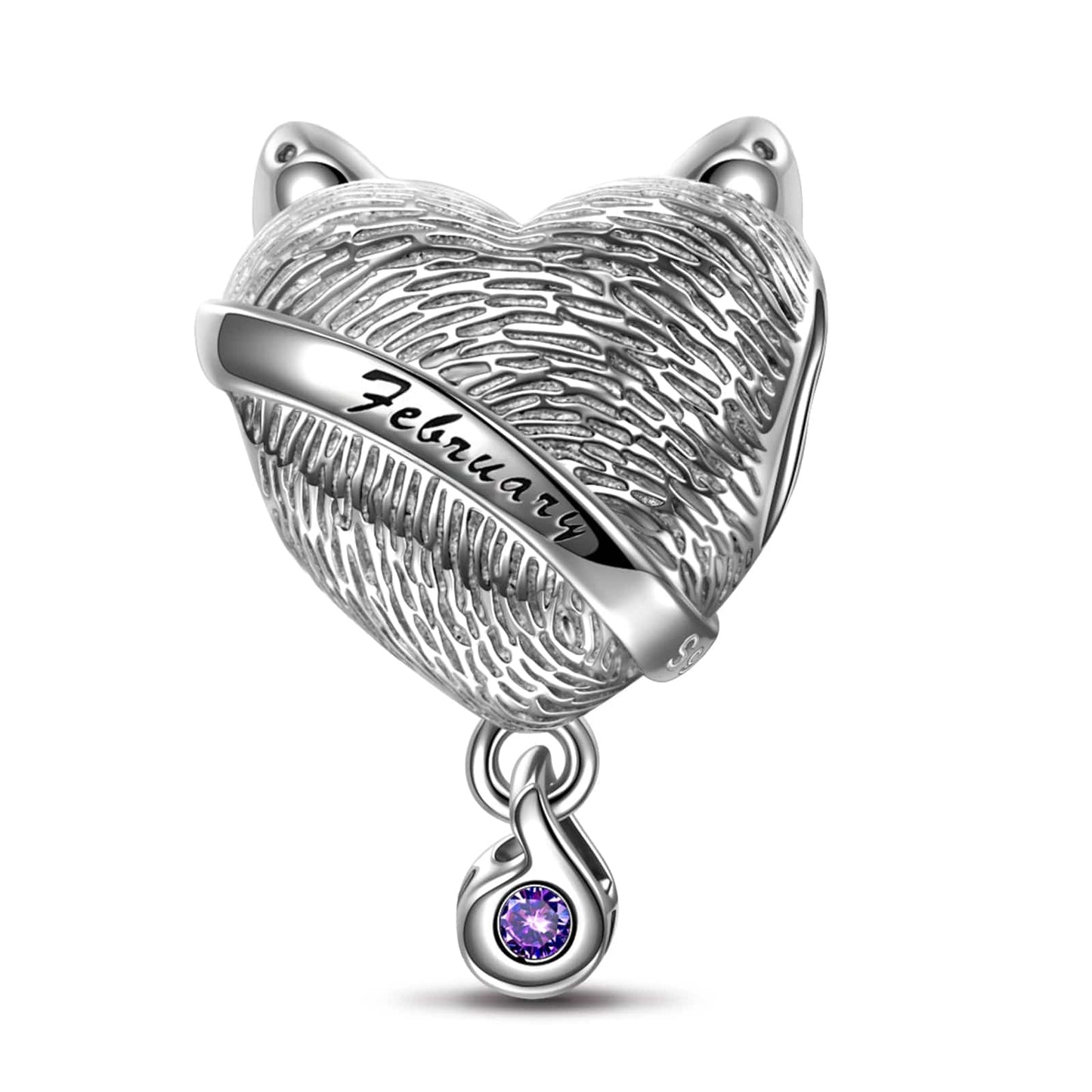 Sterling Silver February Fox Birthday Stone Dangle Charms In White Gold Plated