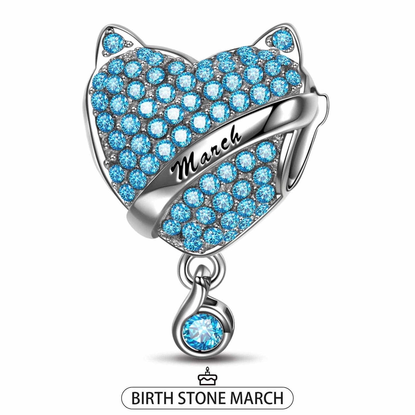 Sterling Silver March Fox Birthday Stone Dangle Charms In White Gold Plated