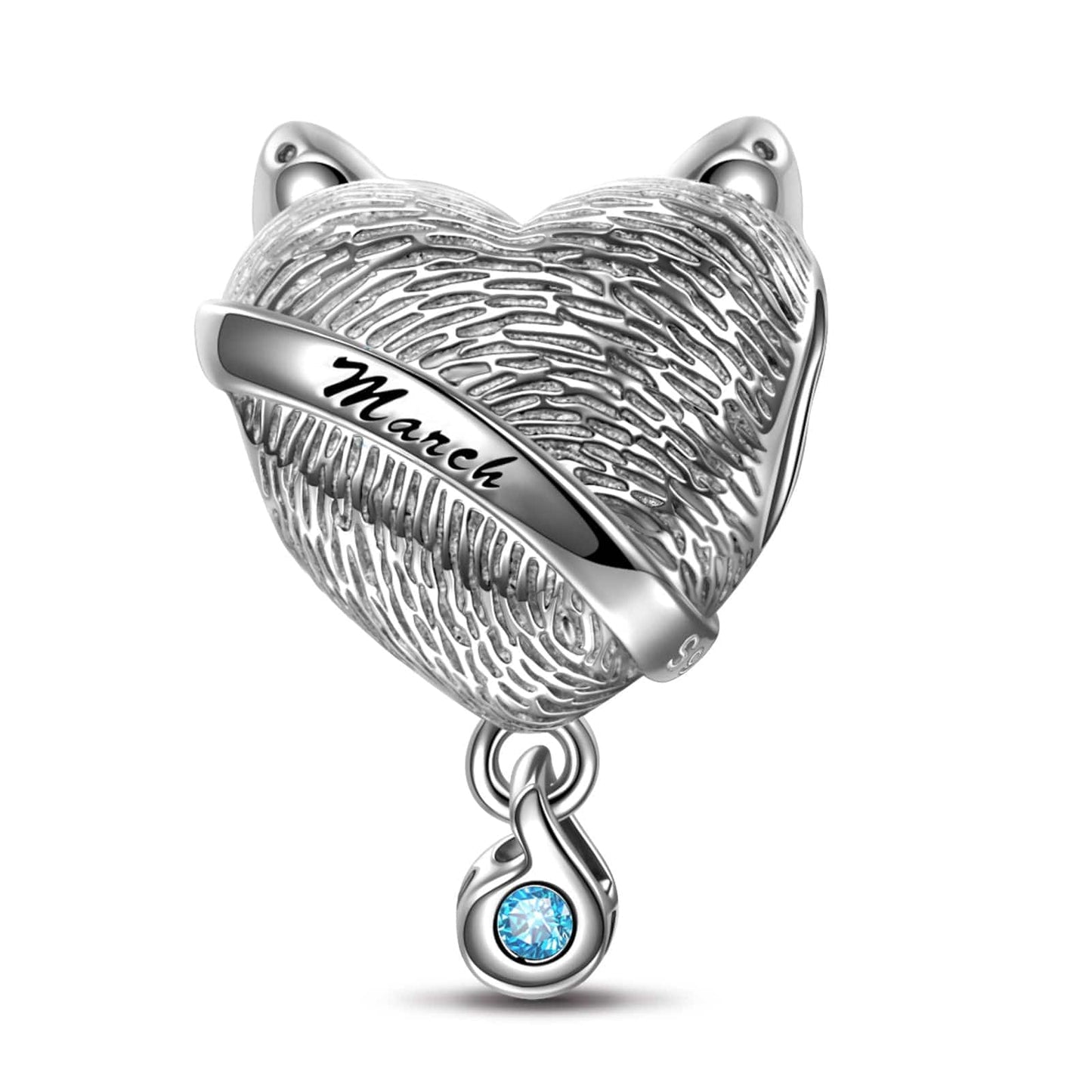 Sterling Silver March Fox Birthday Stone Dangle Charms In White Gold Plated