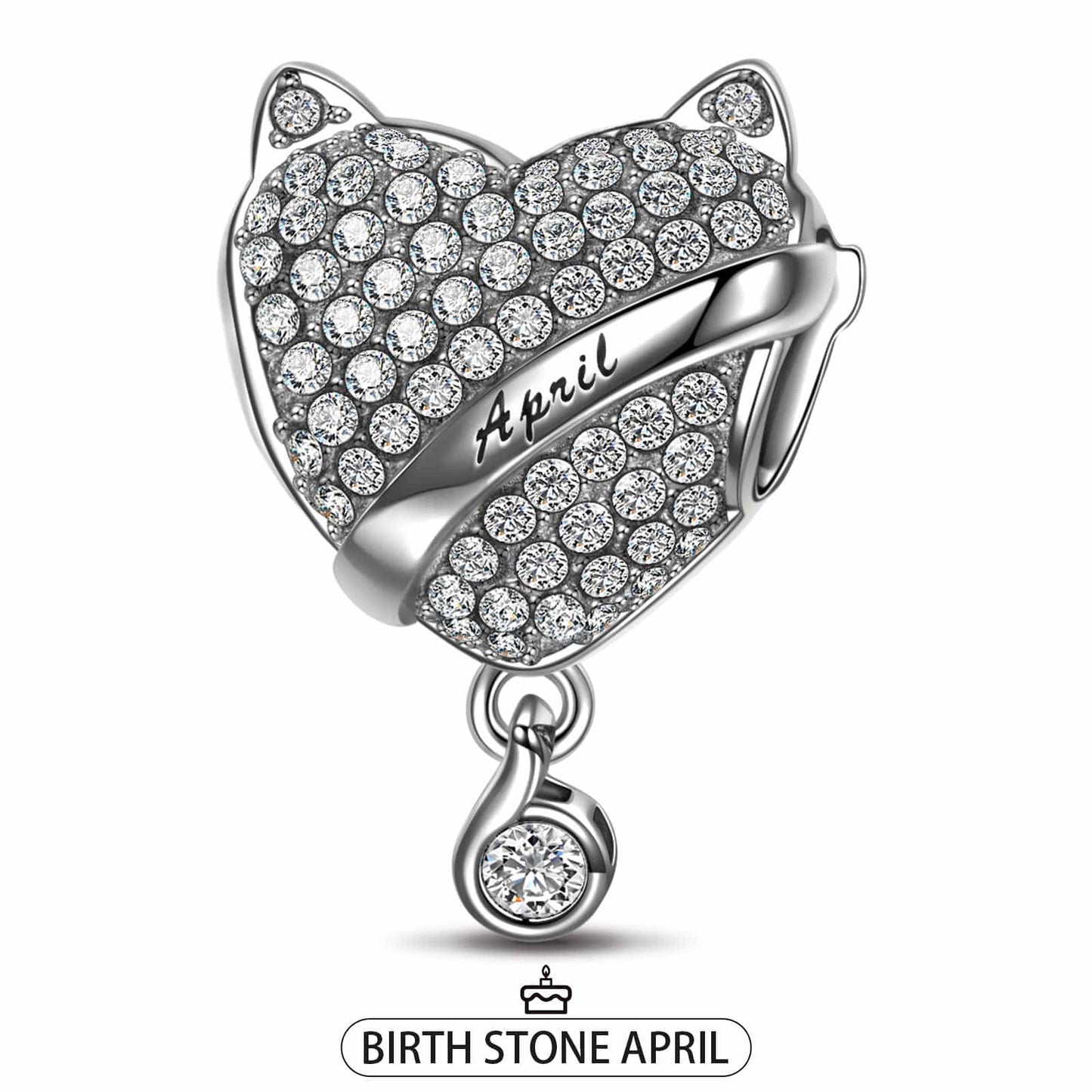 Sterling Silver April Fox Birthday Stone Dangle Charms In White Gold Plated
