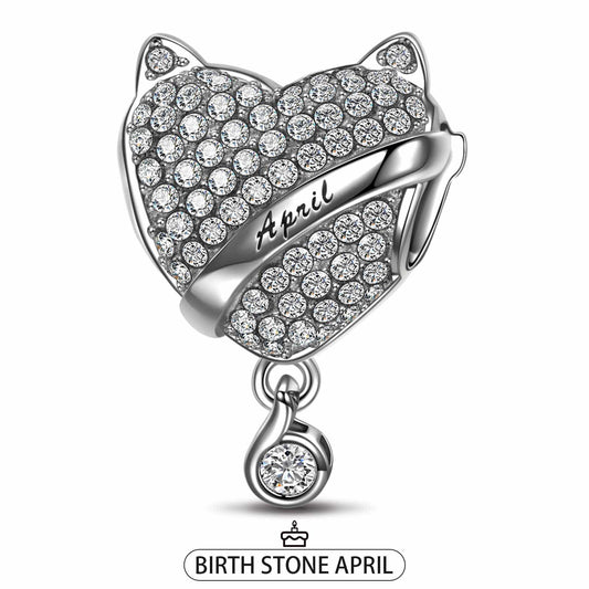 gona- Sterling Silver April Fox Birthday Stone Dangle Charms In White Gold Plated