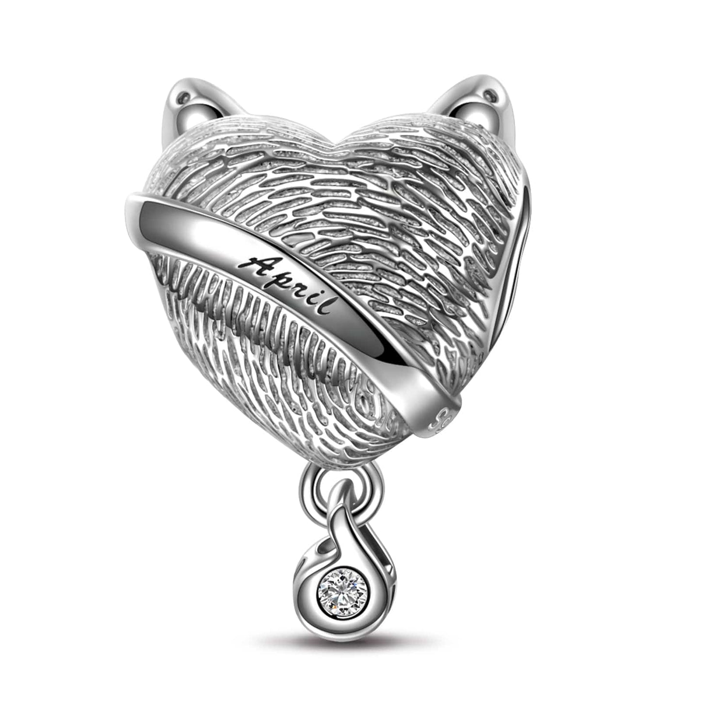 Sterling Silver April Fox Birthday Stone Dangle Charms In White Gold Plated