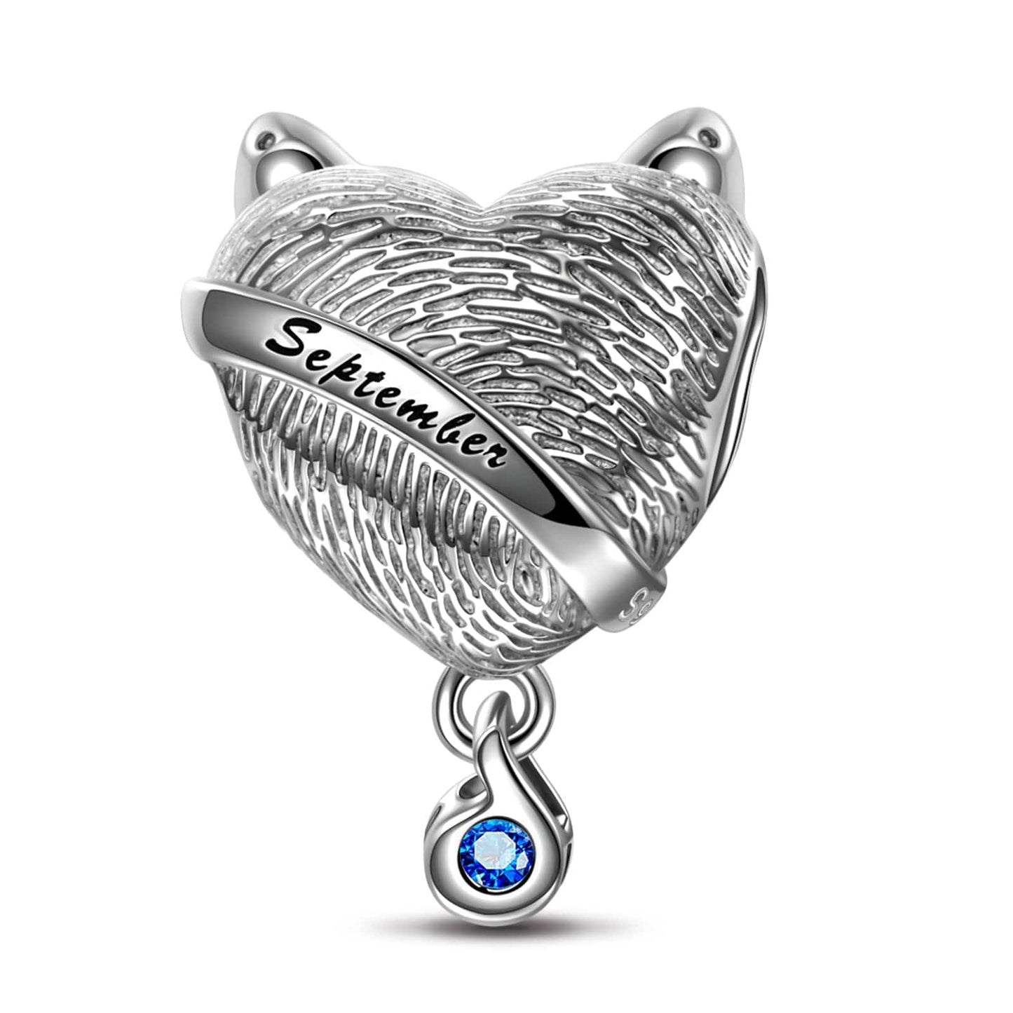Sterling Silver September Fox Birthday Stone Dangle Charms In White Gold Plated