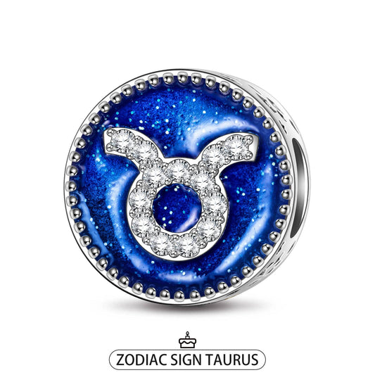 gona- Sterling Silver Taurus Charms With Enamel In White Gold Plated
