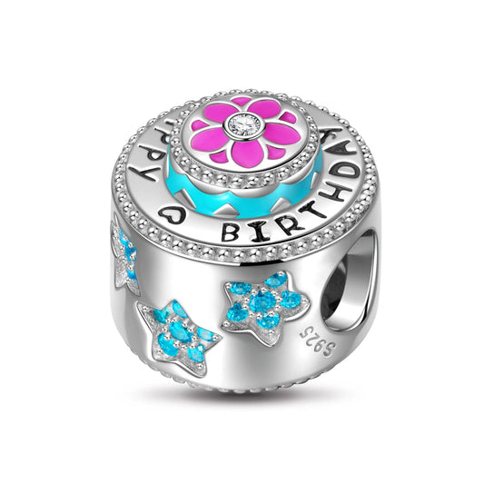 gona- Sterling Silver Happy Birthday Charms With Enamel In White Gold Plated