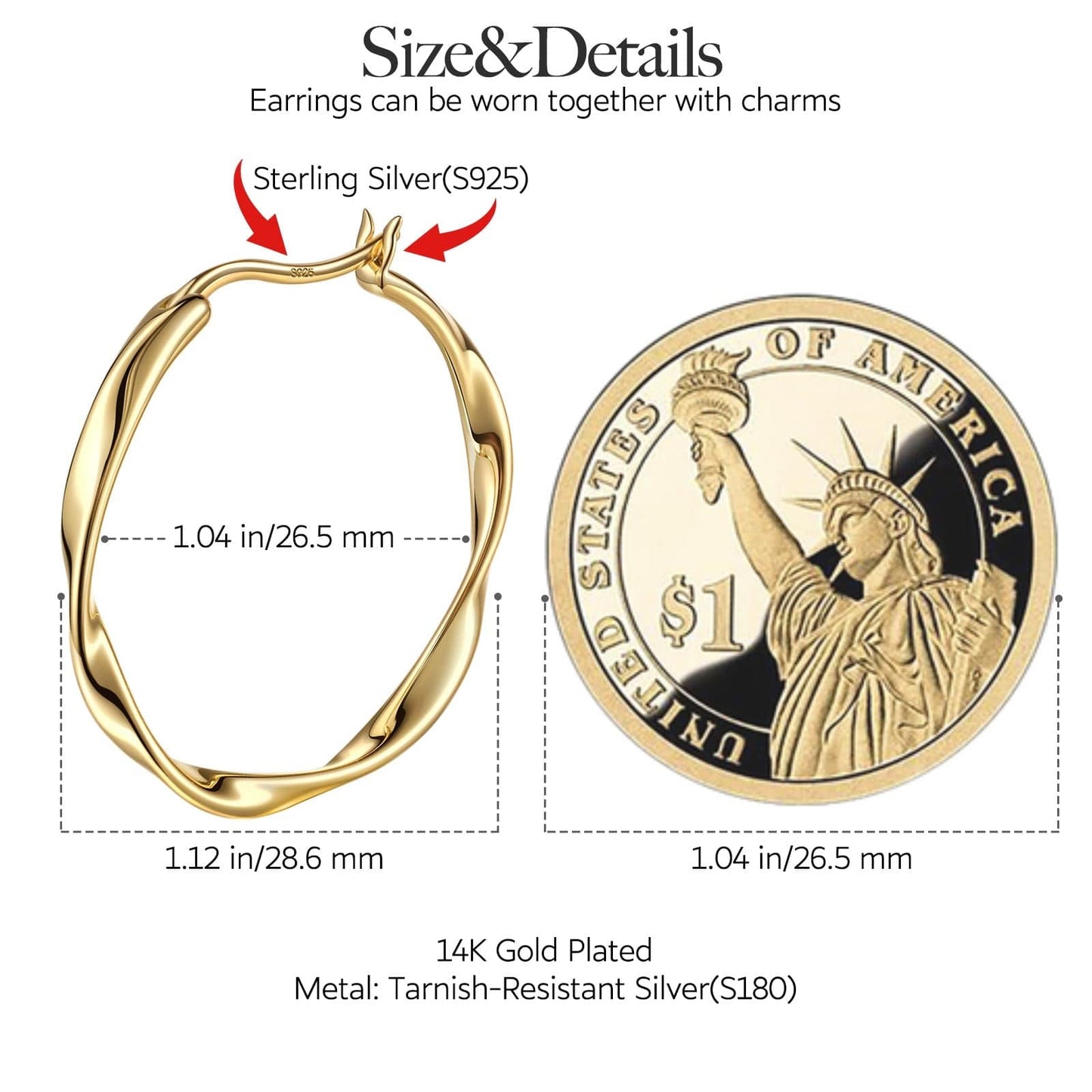 Tarnish-resistant Silver M Size Classic Hoop Earrings with Sterling Silver Ear Post In 14K Gold Plated