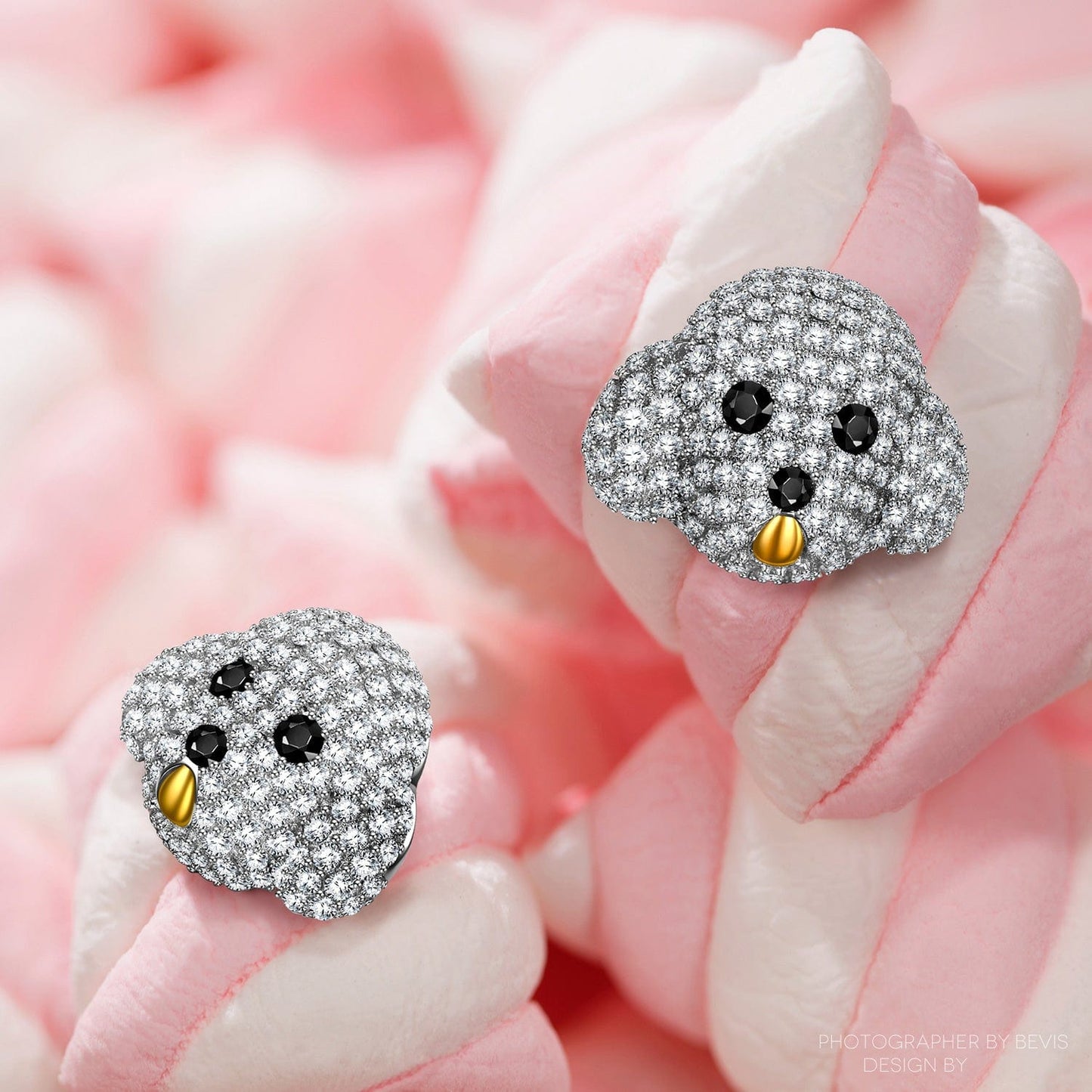 Sterling Silver Teddy Baby Furry Animal Earrings In White Gold Plated