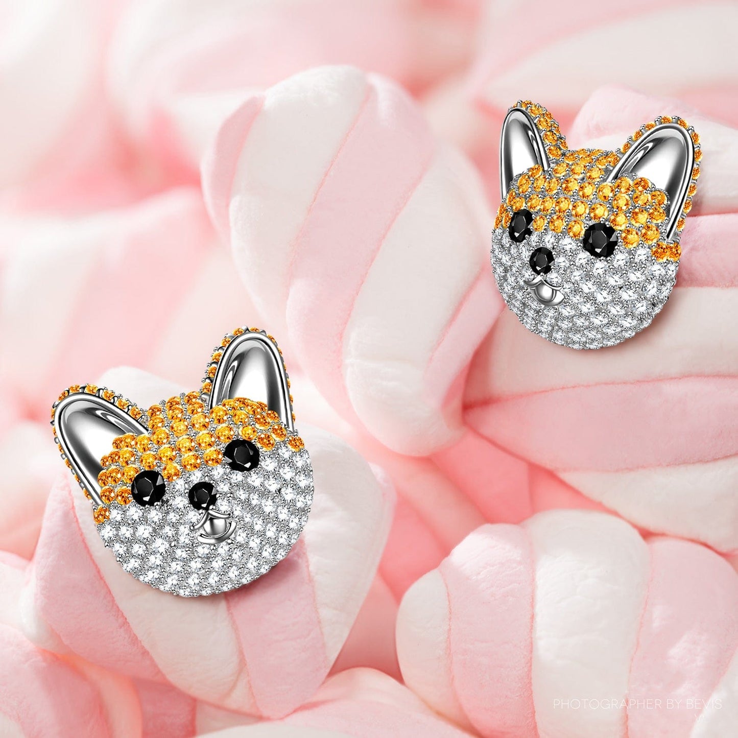 Sterling Silver Cute Chihuahua Furry Animal Earrings In White Gold Plated
