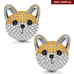 Sterling Silver Cute Chihuahua Furry Animal Earrings In White Gold Plated