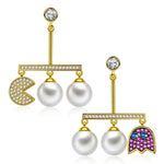Sterling Silver Pac Man Pearl Earrings In 14K Gold Plated