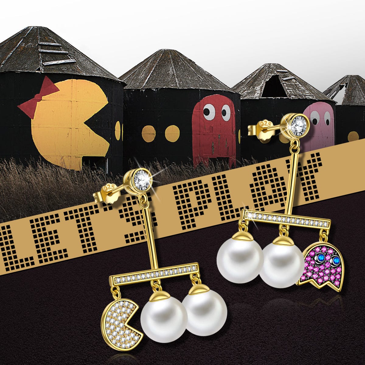 Sterling Silver Pac Man Pearl Earrings In 14K Gold Plated