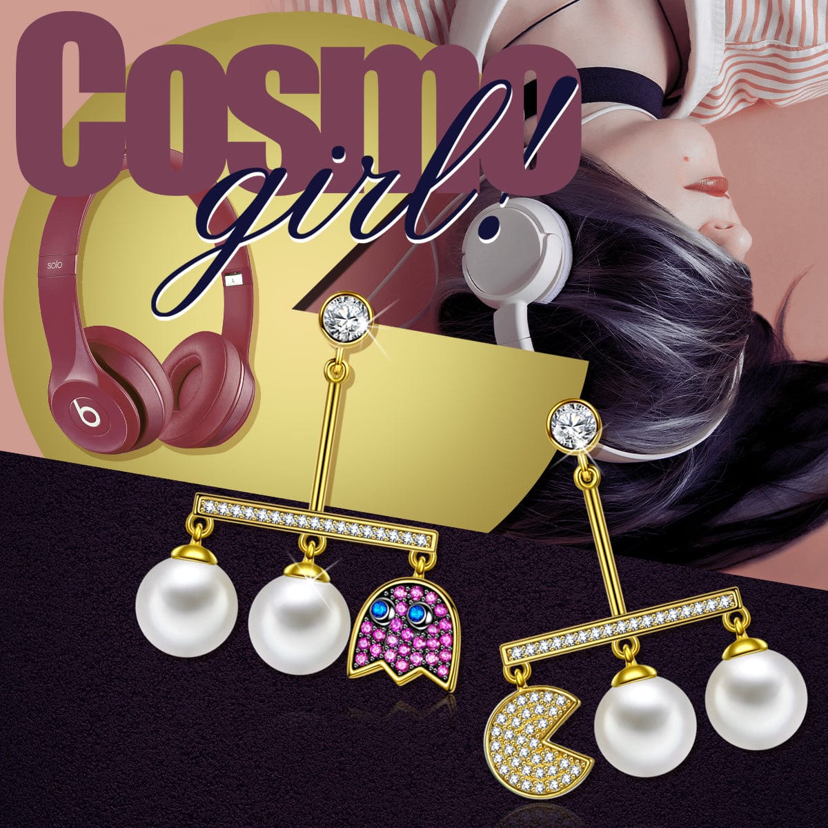 Sterling Silver Pac Man Pearl Earrings In 14K Gold Plated