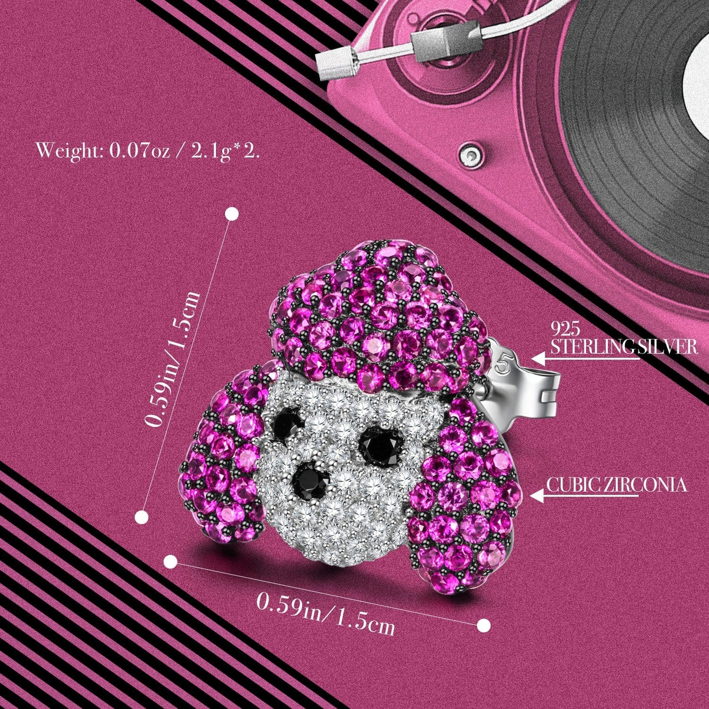 Sterling Silver Cute Poodle Furry Animal Earrings In White Gold Plated