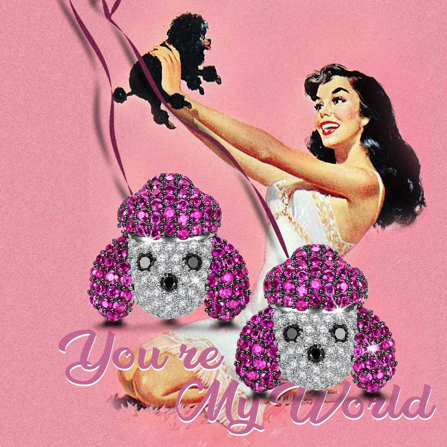 Sterling Silver Cute Poodle Furry Animal Earrings In White Gold Plated