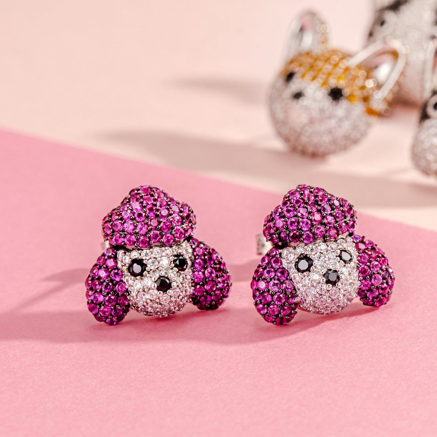 Sterling Silver Cute Poodle Furry Animal Earrings In White Gold Plated