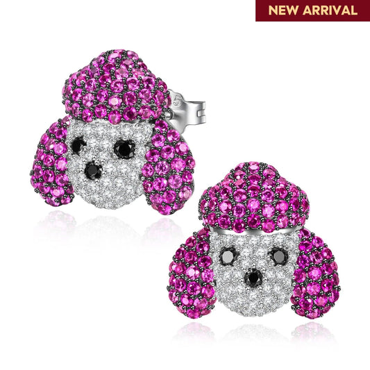 gona- Sterling Silver Cute Poodle Furry Animal Earrings In White Gold Plated