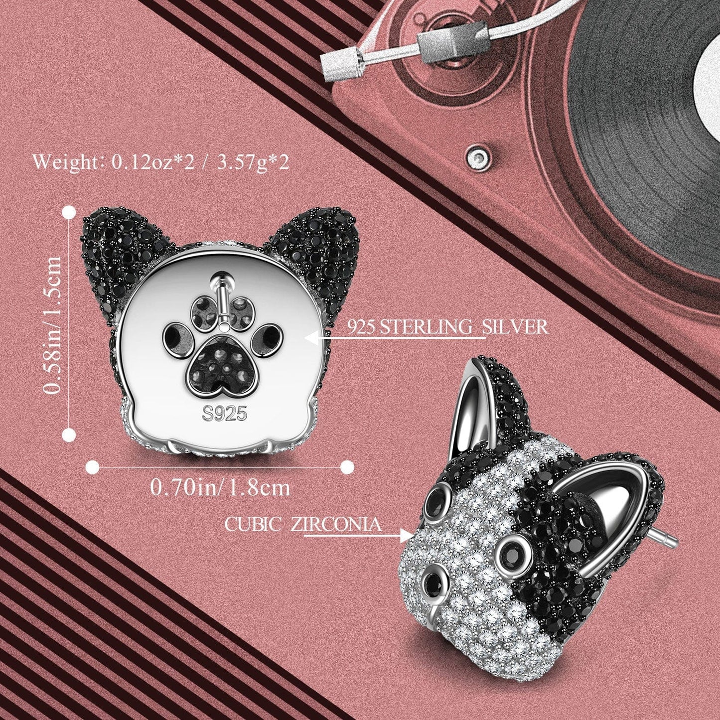Sterling Silver French Bulldog Furry Animal Earrings In White Gold Plated