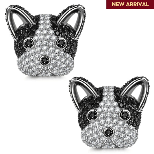 gona- Sterling Silver French Bulldog Furry Animal Earrings In White Gold Plated