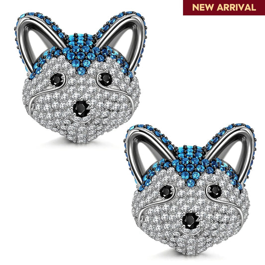 gona- Sterling Silver Siberian Husky Furry Animal Earrings In White Gold Plated