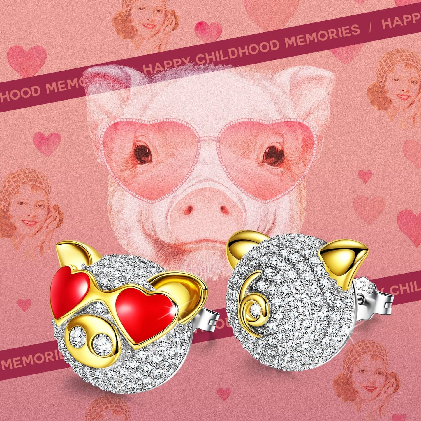 Sterling Silver Mighty Piglet Furry Animal Earrings In 14K Gold Plated