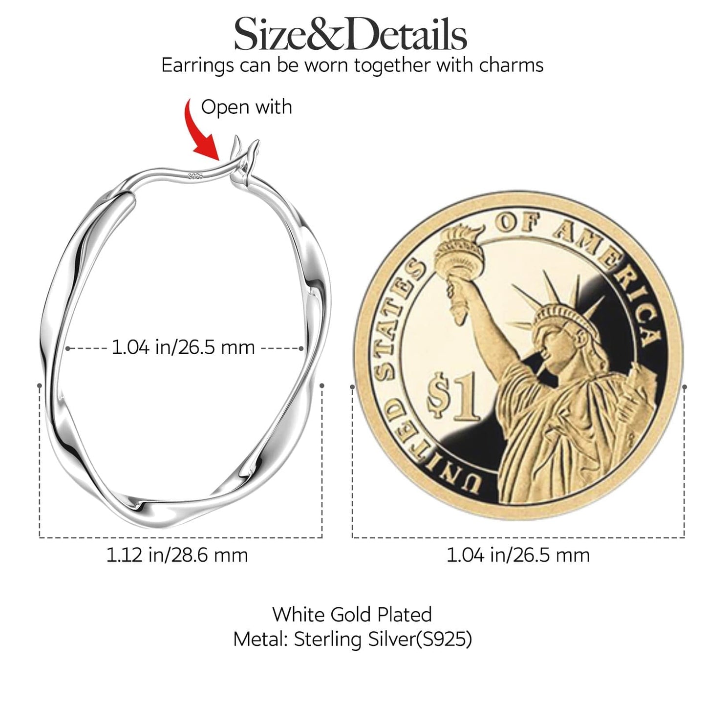 Sterling Silver Intertwined Heart Charms Earrings Set In White Gold Plated
