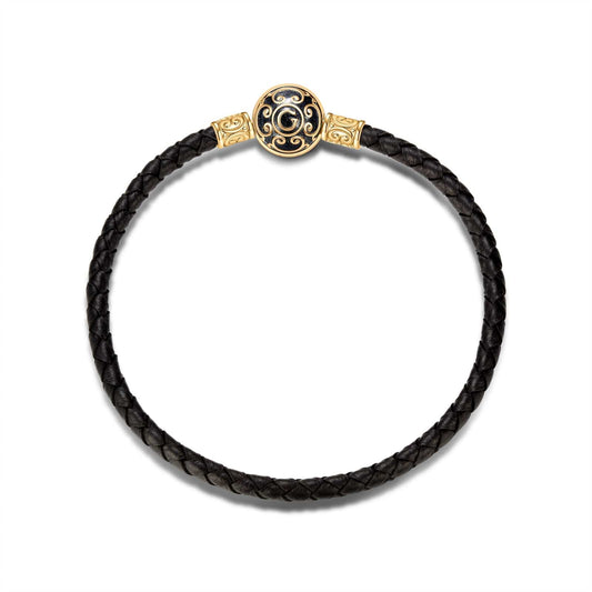 gona- Black Leather Bracelet Tarnish-resistant Silver Bracelet With Enamel In 14K Gold Plated