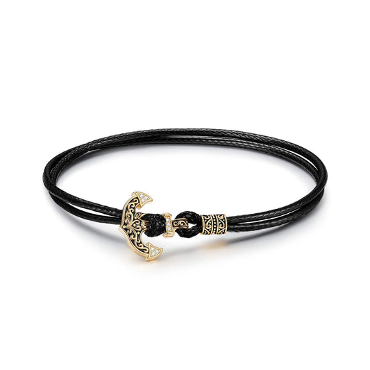 gona- Black Leather Tarnish-resistant Silver Anchor Bracelet In 14K Gold Plated
