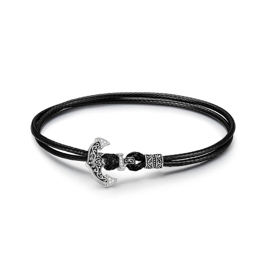 gona- Black Leather Anchor Tarnish-resistant Silver Bracelet In White Gold Plated