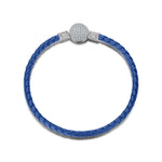 Sterling Silver Universal Blue Leather Bracelet In White Gold Plated