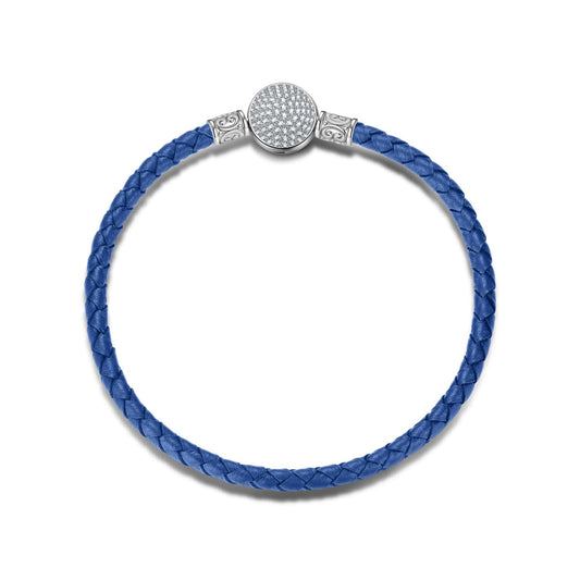gona- Sterling Silver Universal Blue Leather Bracelet In White Gold Plated