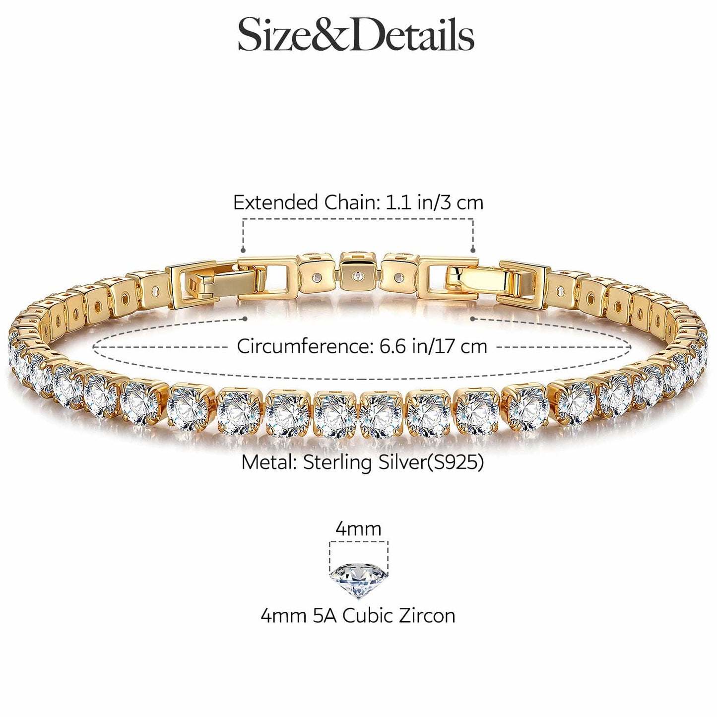 Sterling Silver 4mm Zirconia Classic Tennis Bracelet with Extender Chain In 14K Gold Plated