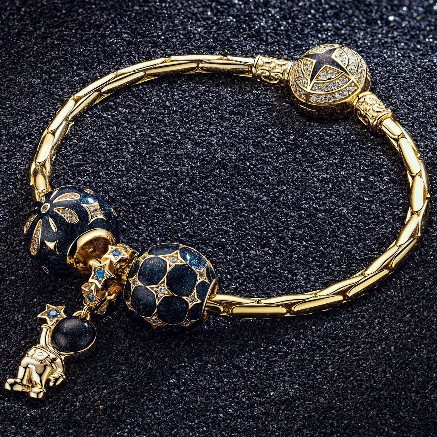 Astronaut Picking Stars Tarnish-resistant Silver Dangle Charms With Enamel In 14K Gold Plated