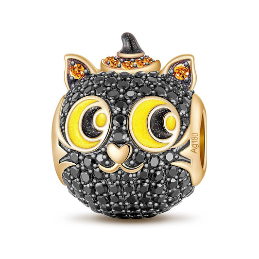gona- Halloween Black Cat Tarnish-resistant Silver Charms With Enamel In 14K Gold Plated