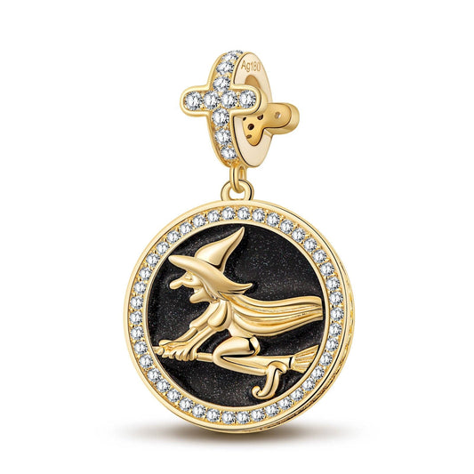 gona- Witch On Broom Tarnish-resistant Silver Dangle Charms With Enamel In 14K Gold Plated