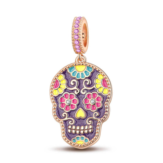 gona- Skull and Colorful Rose Tarnish-resistant Silver Dangle Charms With Enamel In Rose Gold Plated