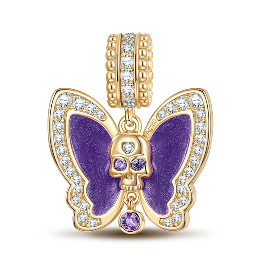 gona- Skull And Purple Butterfly Tarnish-resistant Silver Dangle Charms With Enamel In 14K Gold Plated