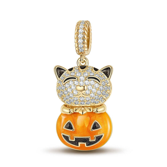 gona- Cute Pumpkin Cat Tarnish-resistant Silver Dangle Charms With Enamel In 14K Gold Plated