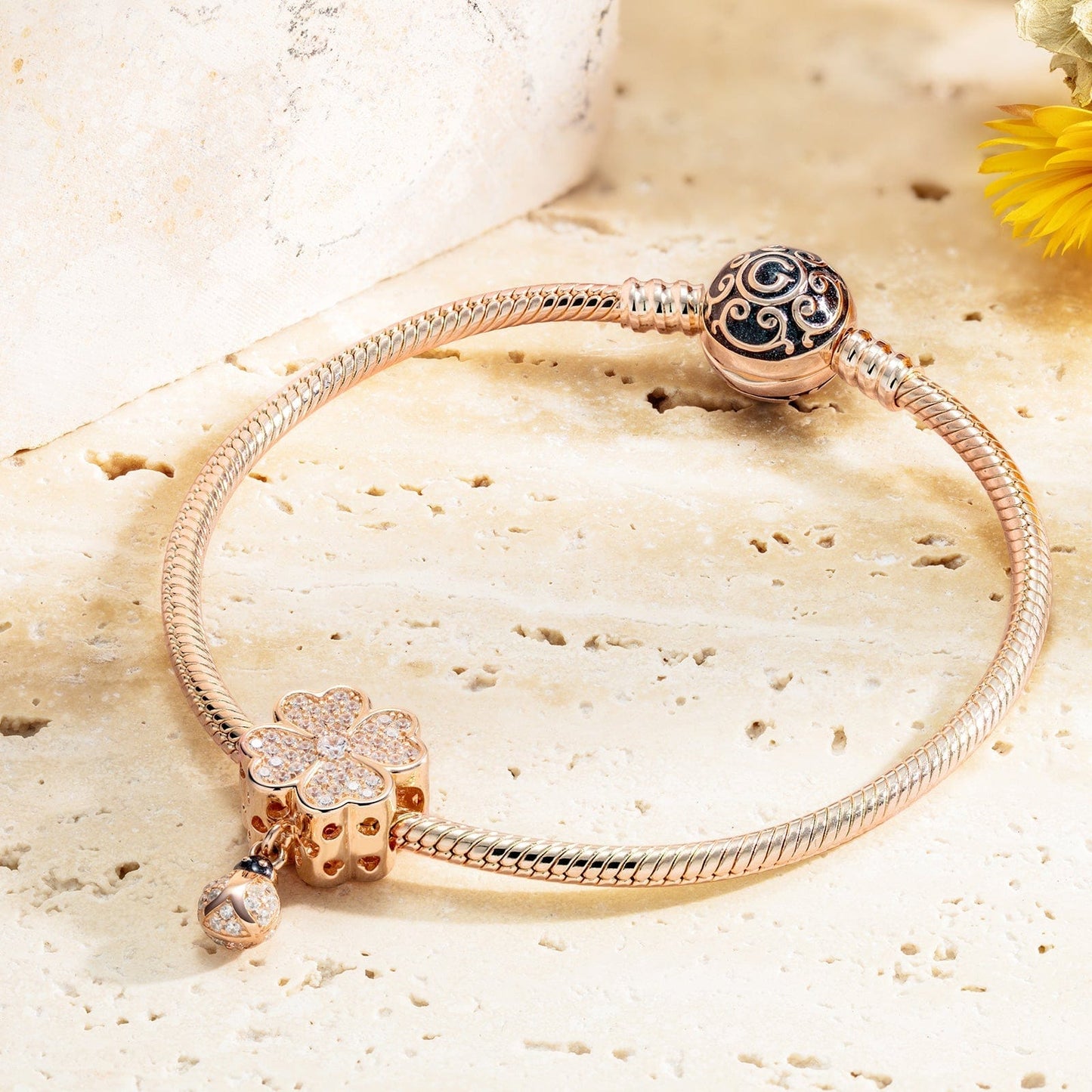 Encounter With Clover Tarnish-resistant Silver Dangle Charms In Rose Gold Plated
